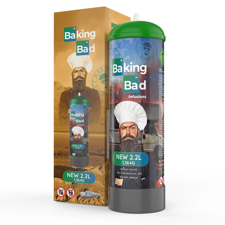Baking Bad 2.2L Cream Charger Canister with premium food-grade N2O for whipped cream and professional culinary applications.