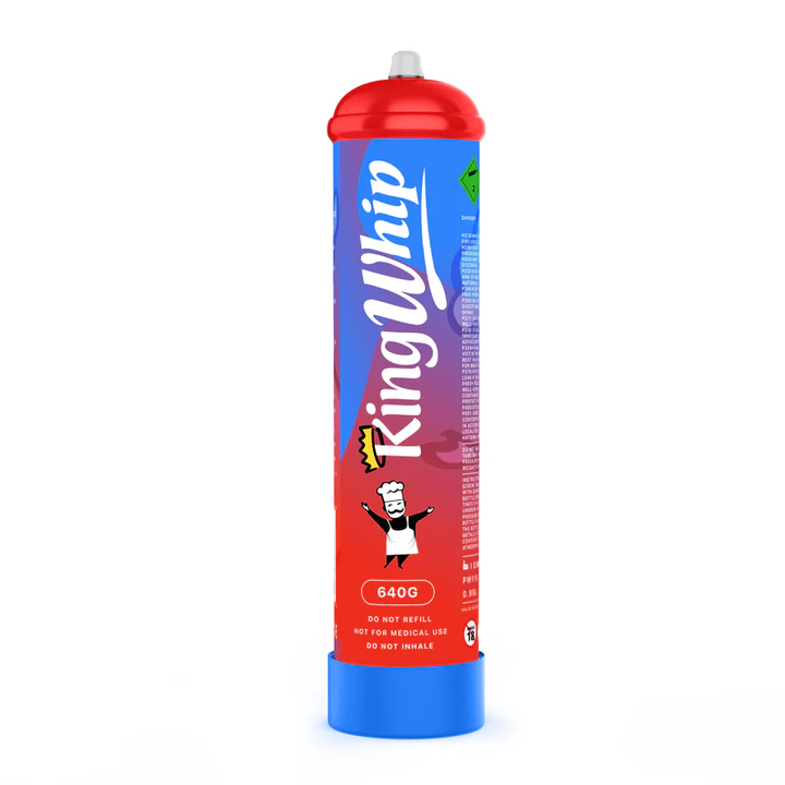 King Whip 640g culinary gas cylinder with food-grade nitrous oxide for whipped cream dispensers.