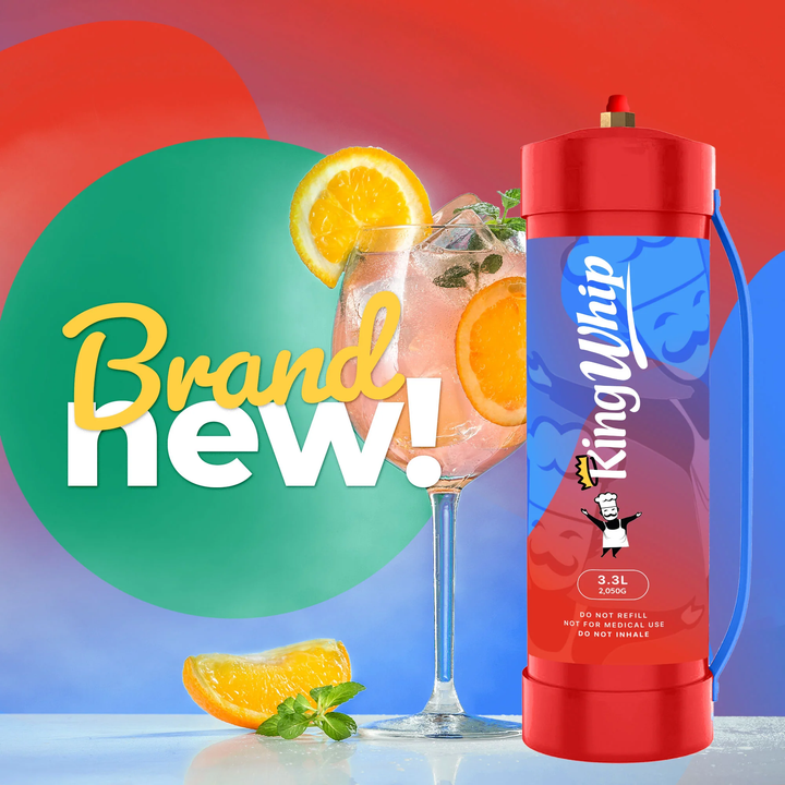 KingWhip nitrous oxide tank displayed with a cocktail for culinary and beverage applications