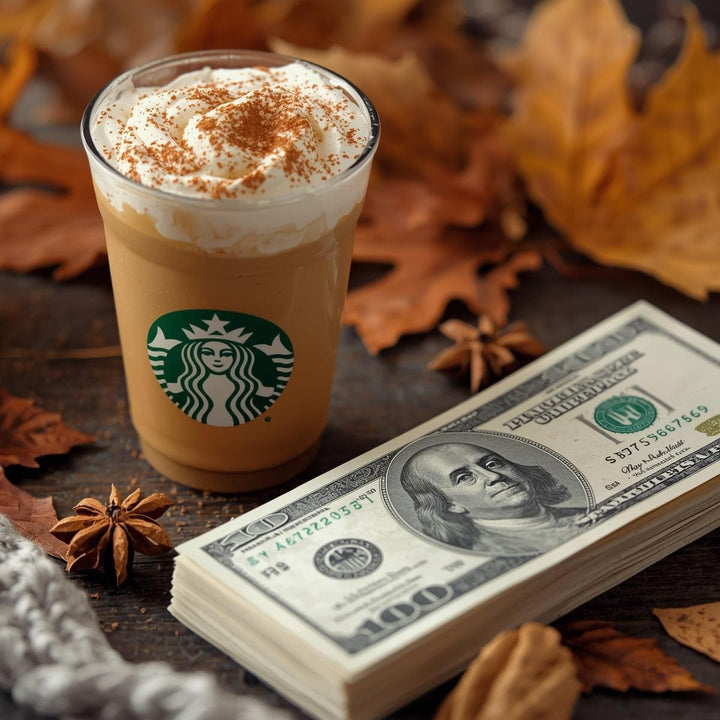 A pumpkin spice latte, placed next to a stack of US money.