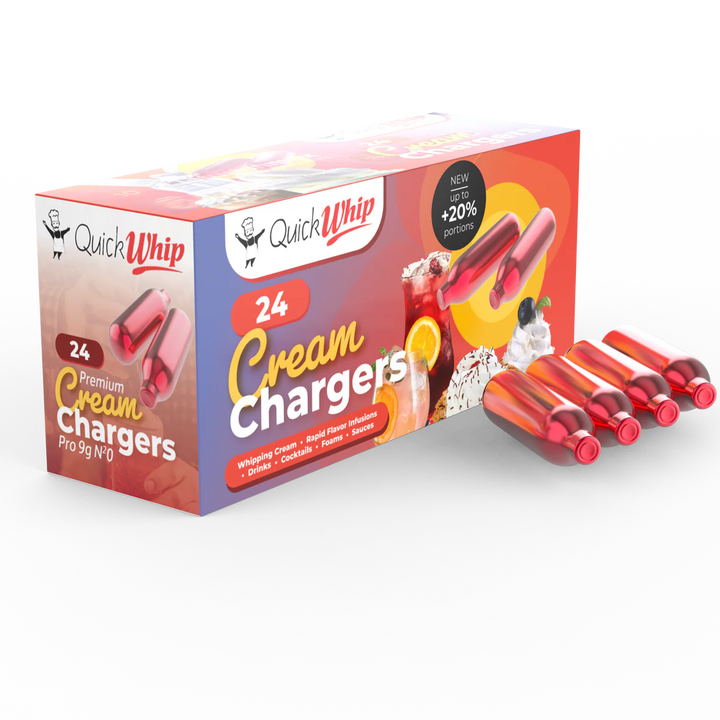 QuickWhip Pro 9g Cream Chargers 24 Pack with premium nitrous oxide cream chargers for smooth, stable whipped cream.