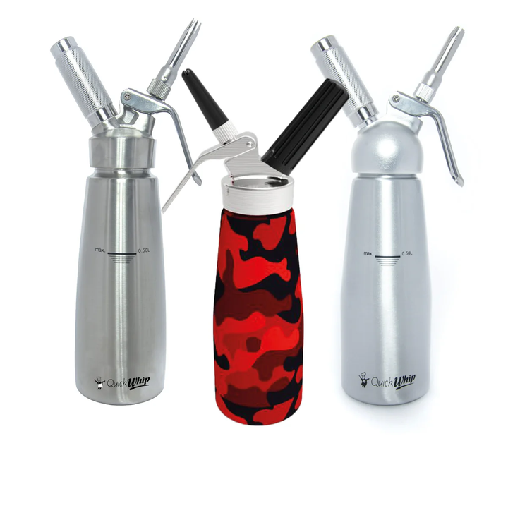 QuickWhip PRO stainless steel cream dispensers in multiple finishes for professional whipped cream preparation