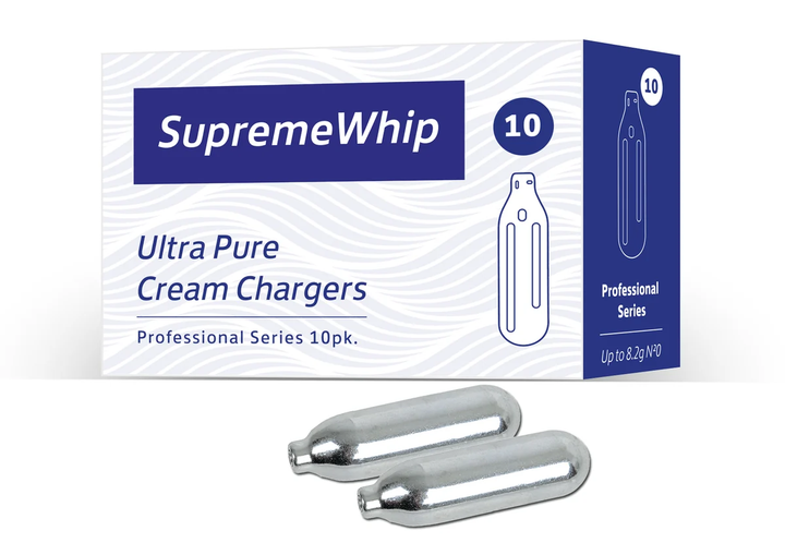 SupremeWhip Ultra Pure Cream Chargers 10-pack with silver cream charger cartridges