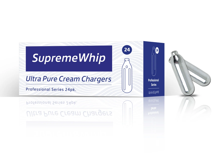 SupremeWhip Ultra Pure Cream Chargers 24-pack with food-grade N2O chargers for safe storage and long-lasting performance.
