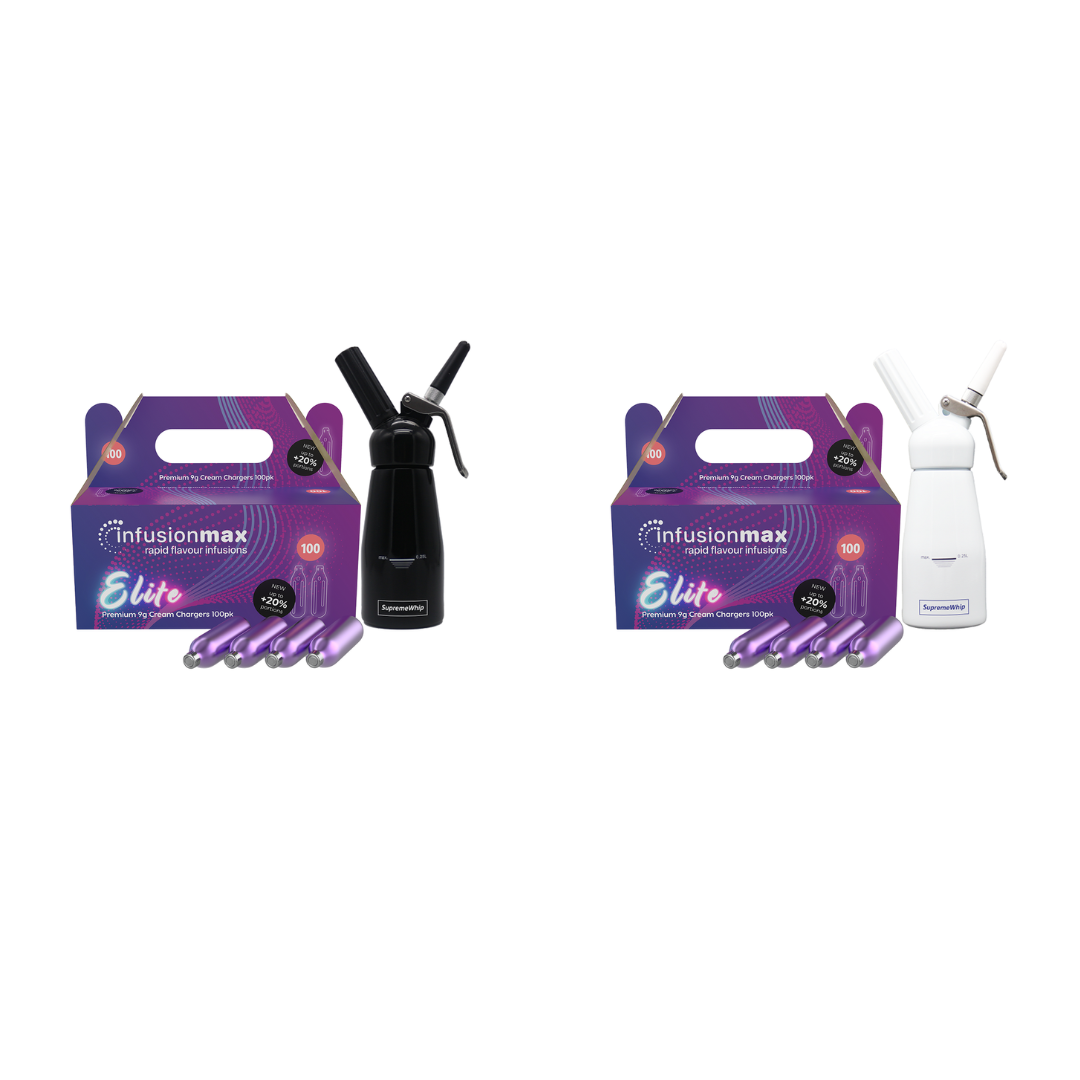 InfusionMax Elite 100 Packs 9g Cream Chargers + SupremeWhip 250ml Dispenser Bundle