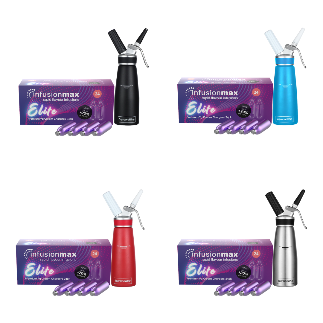 InfusionMax Elite 24 Packs 9g Whipped Cream Chargers + SupremeWhip PRO 250ml Dispenser Bundle