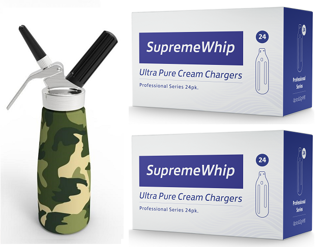 Starter Pack - SupremeWhip Cream Chargers –24Pks  & 0.5L Camo Green Print Dispenser