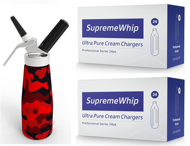 Starter Pack - SupremeWhip Cream Chargers –24Pks  & 0.5L Camo Red Print Dispenser