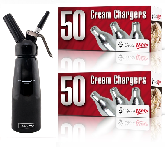 Starter Pack - QuickWhip Cream Chargers – 600 - (12 x 50 Packs)  & 0.5L SupremeWhip Dispenser Black