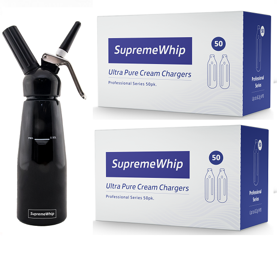 Starter Pack - SupremeWhip Cream Chargers – 600 - (12 x 50Pks)  & 0.5L Black Dispenser