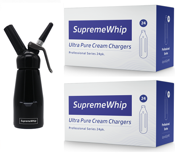 Starter Pack - SupremeWhip Cream Chargers – 600 - (25 x 24 Packs)  & 0.25L Black Dispenser