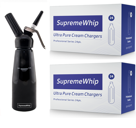 Starter Pack - SupremeWhip Cream Chargers – 600 - (25 x 24 Packs)  & 0.5L Black Dispenser