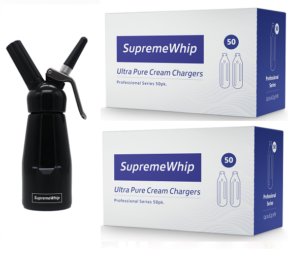 Starter Pack - SupremeWhip Cream Chargers – 600 - (12 x 50 Packs)  & 0.25L Black Dispenser