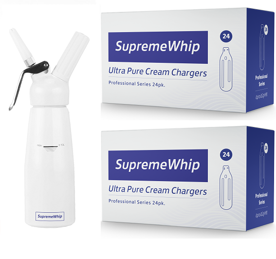 Starter Pack - SupremeWhip Cream Chargers – 600 - (25 x 24 Packs)  & 0.5L White Dispenser