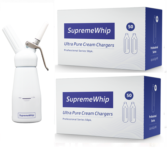 Starter Pack - SupremeWhip Cream Chargers – 600 - (12 x 50Pks)  & 0.25L White Dispenser